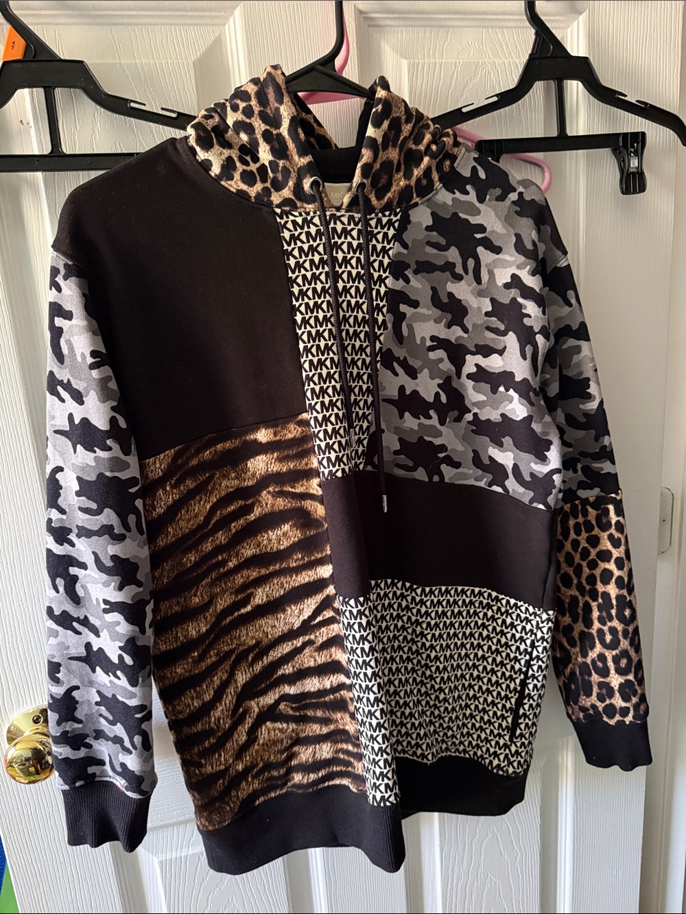 Michael Kors Mixed Animal & Camo Print Hoodie in Black, Brown, Tan